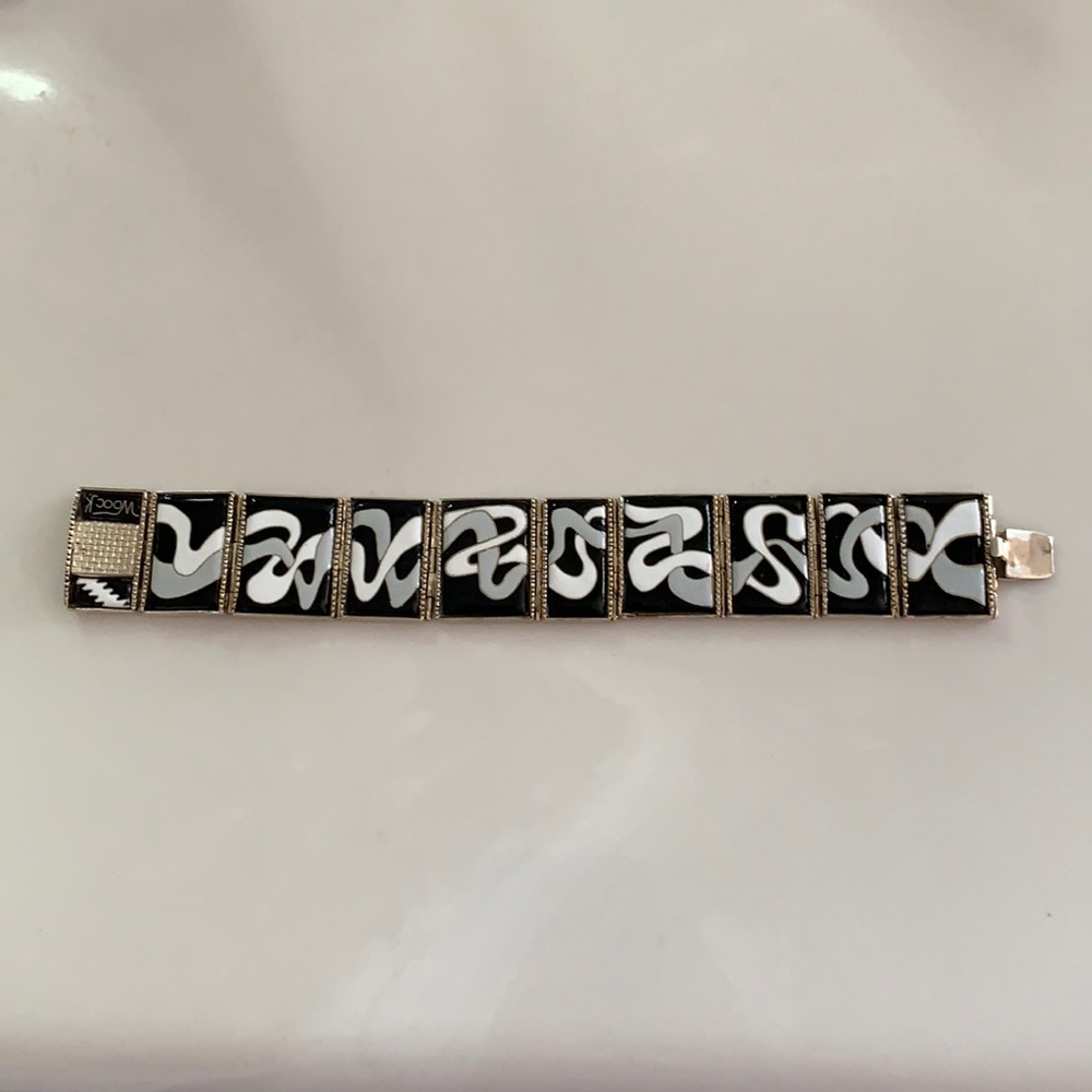 Sterling Silver Black, White, Grey Enamel Bracelet